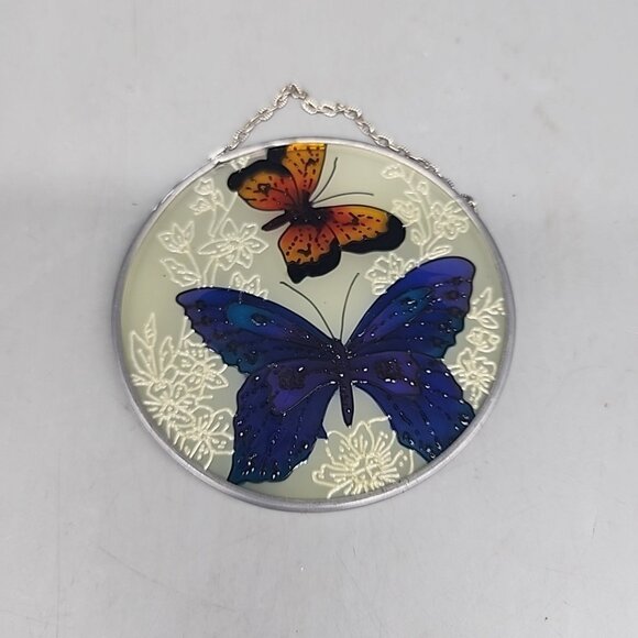Vintage Stained Glass Butterfly Suncatcher 3.5" Round - Picture 1 of 2